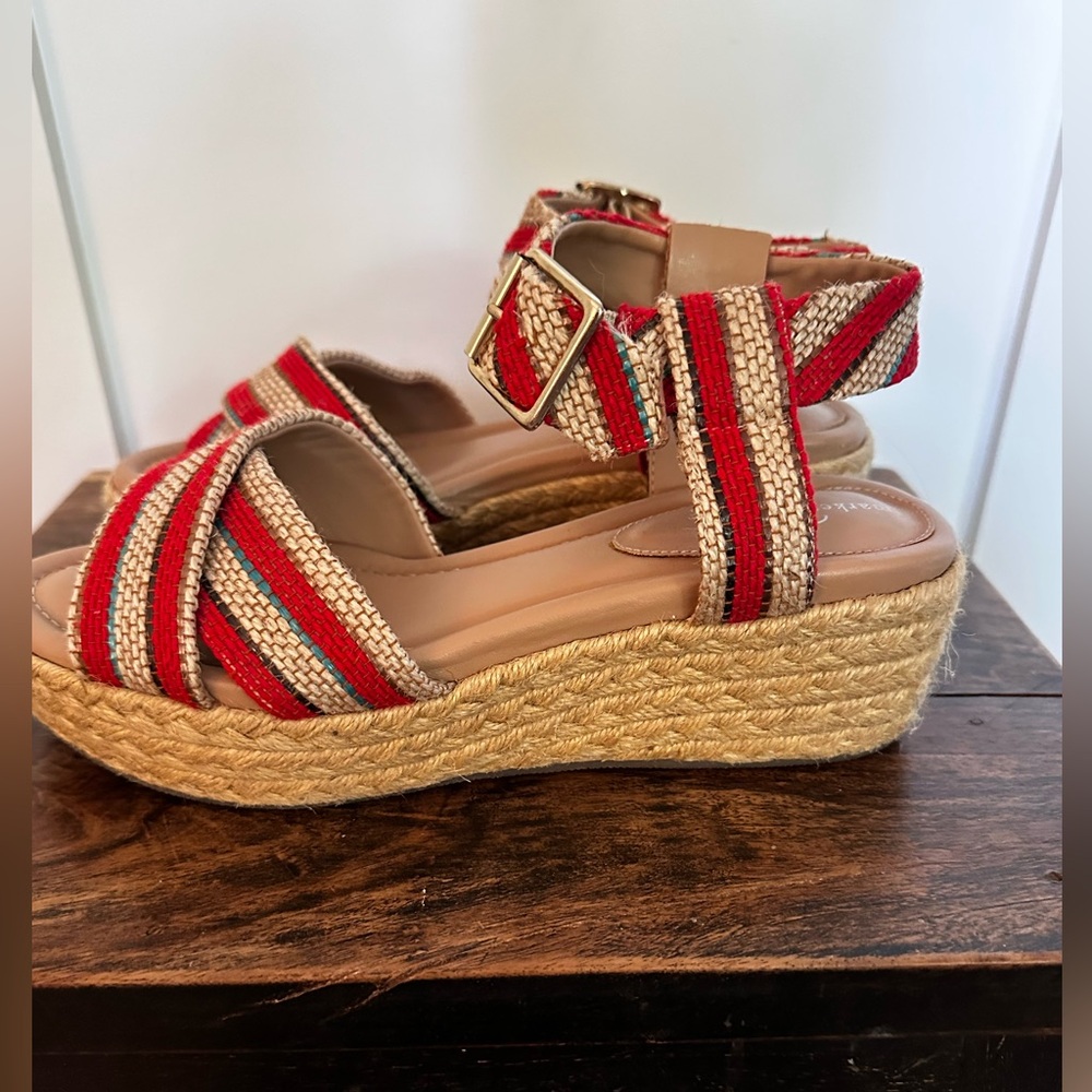 Market & Spruce size 8 platform espadrilles with orange, blue and neutral straps - Picture 3 of 8